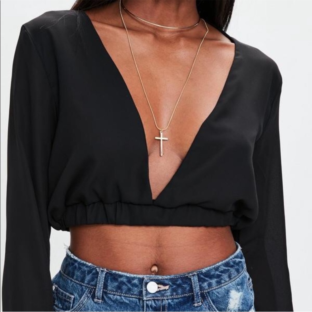 Black Deep Plunge Cropped Blouse